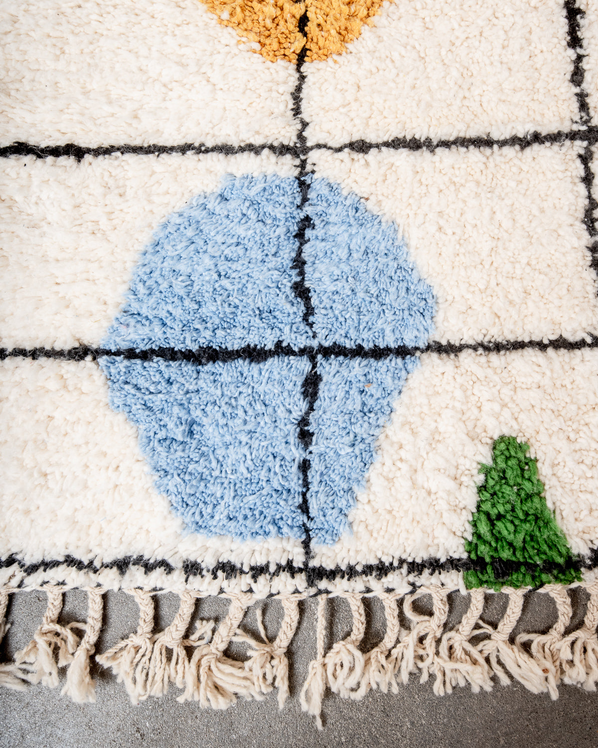 Modern, designer, handcrafted Berber rug from Morocco. Beniourain carpet with beautiful colours and patterns and fluffy wool texture.